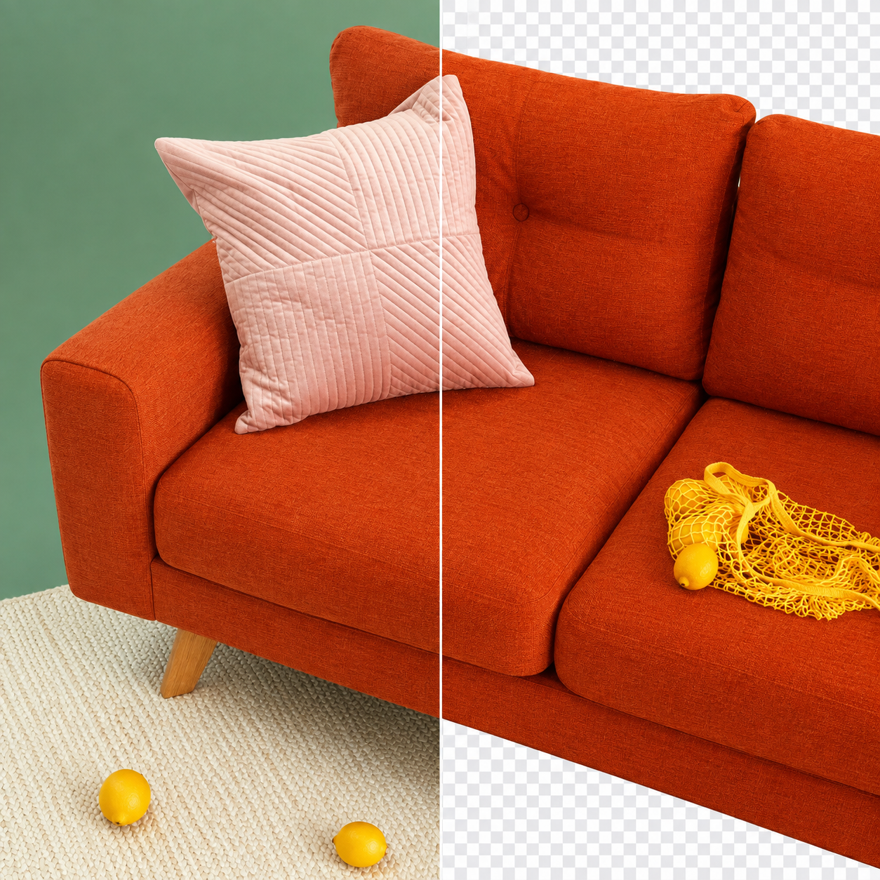 Orange sofa with the room on one side and a transparent cutout on the other